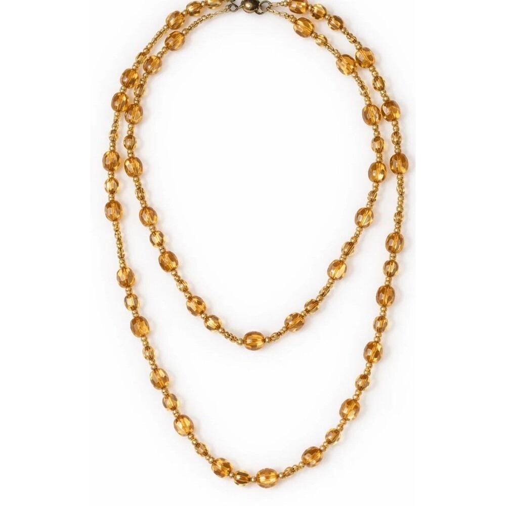 Vintage 1960 Amber AB Faceted Glass Beads Necklace 38"Opera Length Single Strand
